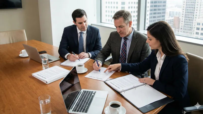 Three professionals discussing documents in a conference room with laptops.
