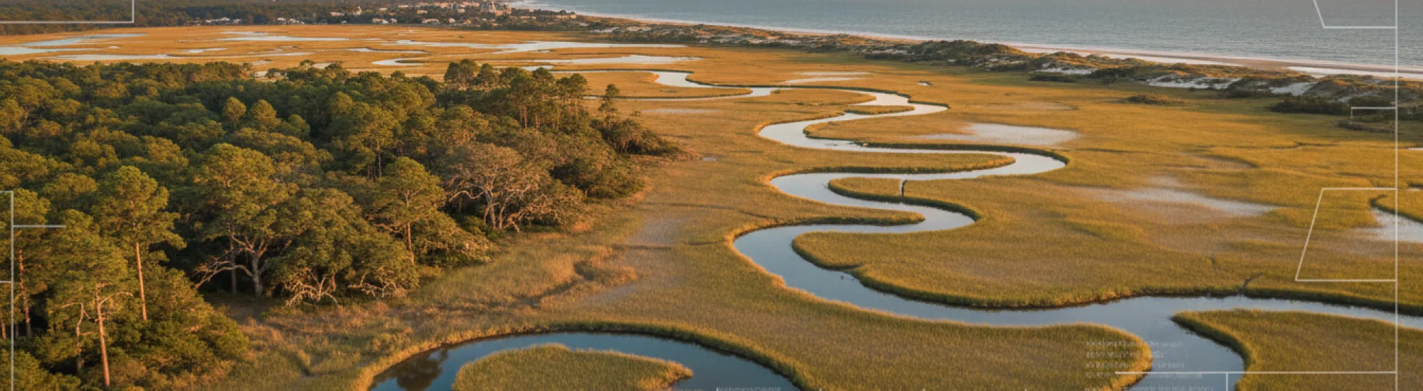 Aerial view of a winding river through marshland at sunset, with trees and ocean in the background.