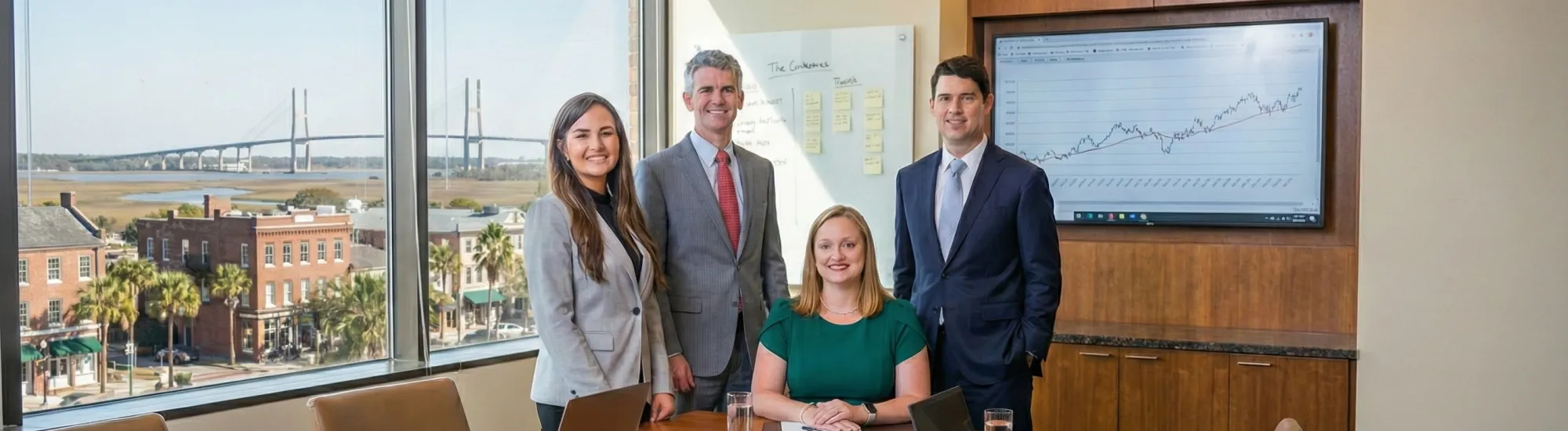 Professional meeting in a boardroom with four people and a graph on the screen.