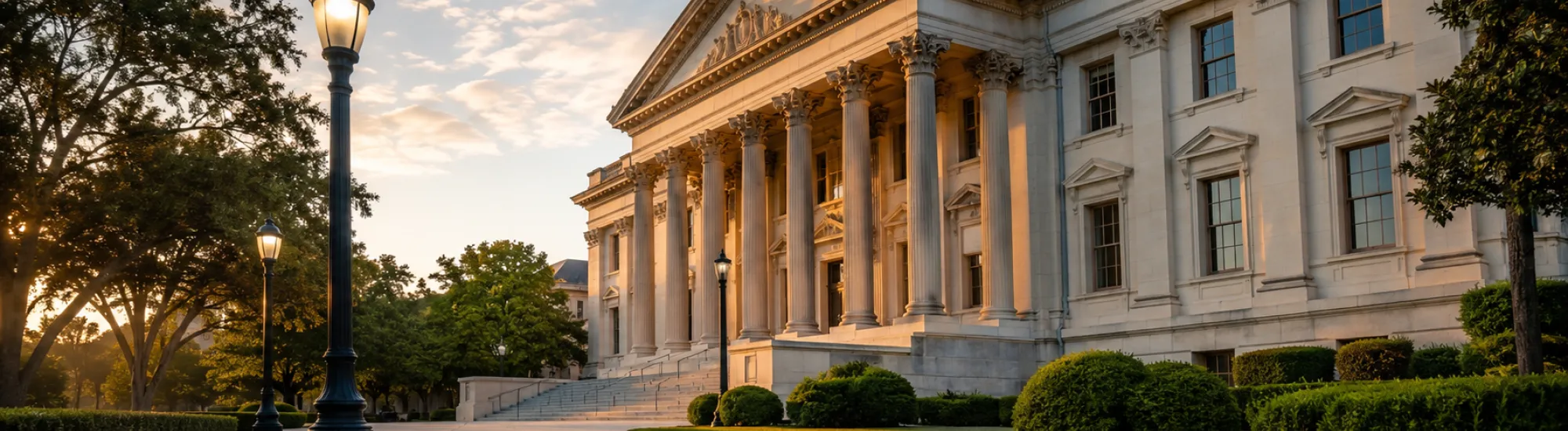 Neoclassical building with columns, dome, and a pathway. Sunset sky.